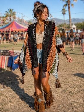 Colorful Crochet Patterned Ruana Shawl – Boho Tassel Wrap – NWOT